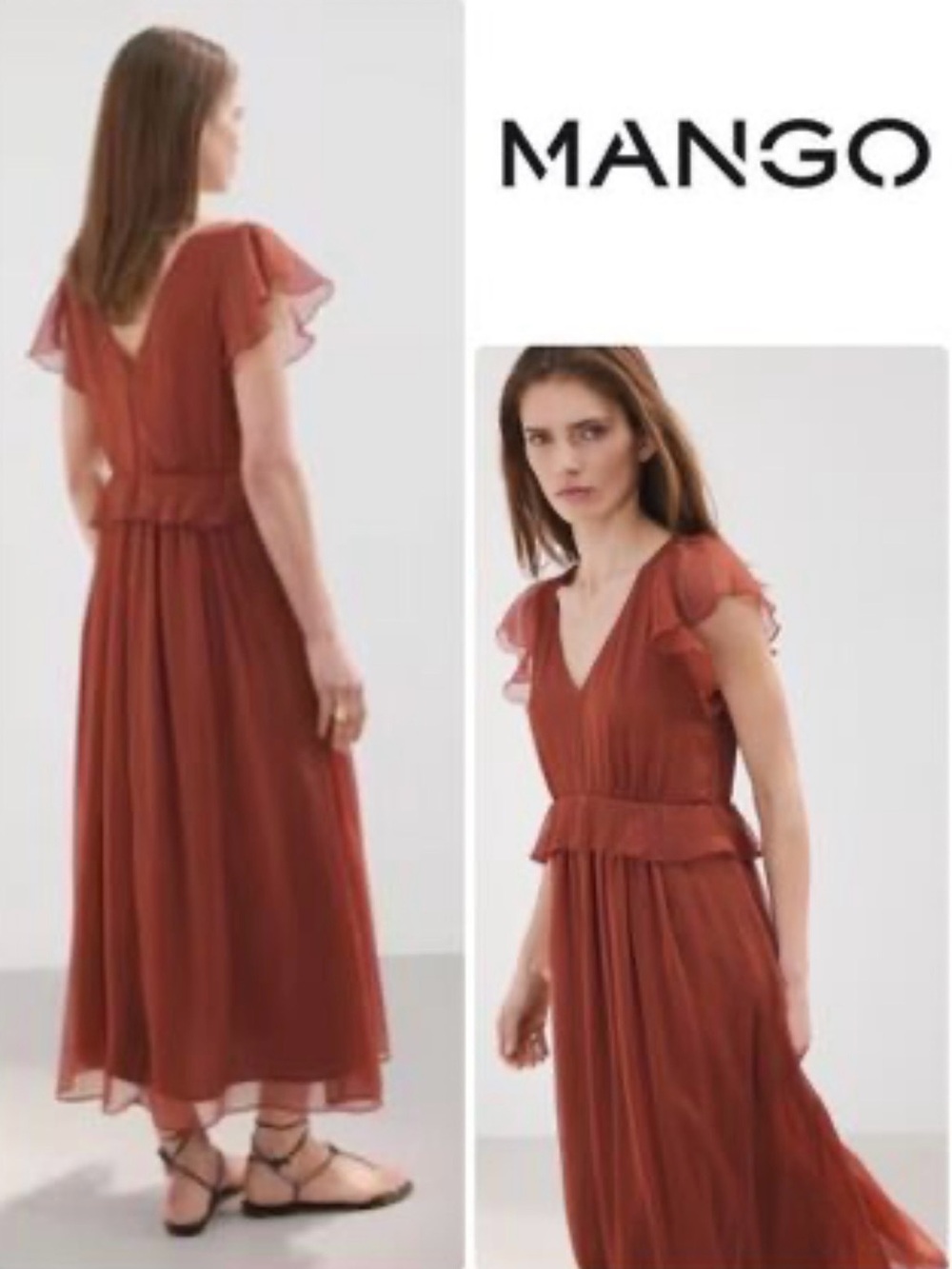 Mango Rust Red Flutter-Sleeve Maxi Dress